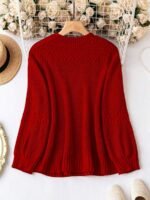 Elorivane Plus Size Solid Color Round Neck Knitted Pullover Sweater Lantern Sleeve Simple Casual Top for Autumn Winter Wear - Image 17