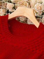 Elorivane Plus Size Solid Color Round Neck Knitted Pullover Sweater Lantern Sleeve Simple Casual Top for Autumn Winter Wear - Image 19