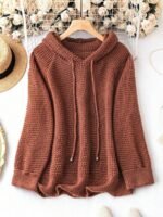 Elorivane Plus Size Sage Green Knitted Hoodie Raglan Sleeve Drawstring Cuffs Minimalist Pullover Sweater for Fall Winter Vacation Smart Casual Wear - Image 6