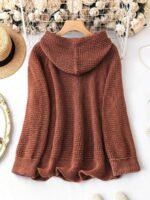 Elorivane Plus Size Sage Green Knitted Hoodie Raglan Sleeve Drawstring Cuffs Minimalist Pullover Sweater for Fall Winter Vacation Smart Casual Wear - Image 7