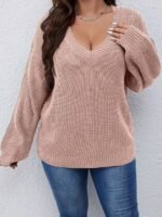 Elorivane Plus Size Solid Color Drop Shoulder Loose Knit Sweater for Autumn Winter - Image 3