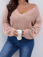 Elorivane Plus Size Solid Color Drop Shoulder Loose Knit Sweater for Autumn Winter - Image 4
