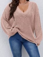 Elorivane Plus Size Solid Color Drop Shoulder Loose Knit Sweater for Autumn Winter - Image 5