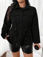 Elorivane Plus Size Flap Pocket Drawstring Waist Jacket, Barn Style Outerwear, Fall Winter Casual Wear - Image 3