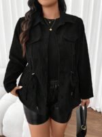 Elorivane Plus Size Flap Pocket Drawstring Waist Jacket, Barn Style Outerwear, Fall Winter Casual Wear - Image 5