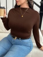 Elorivane Plus Size Mock Neck Ruched Slim Fit Tee, Fall Casual Top - Image 8