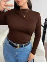 Elorivane Plus Size Mock Neck Ruched Slim Fit Tee, Fall Casual Top - Image 11