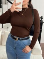 Elorivane Plus Size Mock Neck Ruched Slim Fit Tee, Fall Casual Top - Image 12