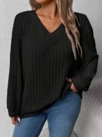 Elorivane Plus Size Loose V-Neck Wide Ribbed Pullover Sweatshirt for Autumn Winter Back To School Graduation Teacher Casual Wear - Image 7