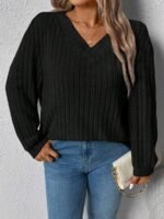 Elorivane Plus Size Loose V-Neck Wide Ribbed Pullover Sweatshirt for Autumn Winter Back To School Graduation Teacher Casual Wear - Image 10