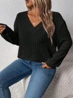 Elorivane Plus Size Loose V-Neck Wide Ribbed Pullover Sweatshirt for Autumn Winter Back To School Graduation Teacher Casual Wear - Image 11