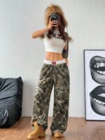 Elorivane Women Olive Green Plaid Cargo Pants, Wide Leg Fold Waist Y2K Hip Hop Trousers - Image 5