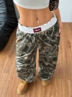 Elorivane Women Olive Green Plaid Cargo Pants, Wide Leg Fold Waist Y2K Hip Hop Trousers - Image 2