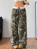 Elorivane Women Olive Green Plaid Cargo Pants, Wide Leg Fold Waist Y2K Hip Hop Trousers - Image 3