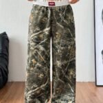 Elorivane Women Olive Green Plaid Cargo Pants, Wide Leg Fold Waist Y2K Hip Hop Trousers