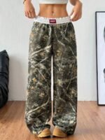 Elorivane Women Olive Green Plaid Cargo Pants, Wide Leg Fold Waist Y2K Hip Hop Trousers