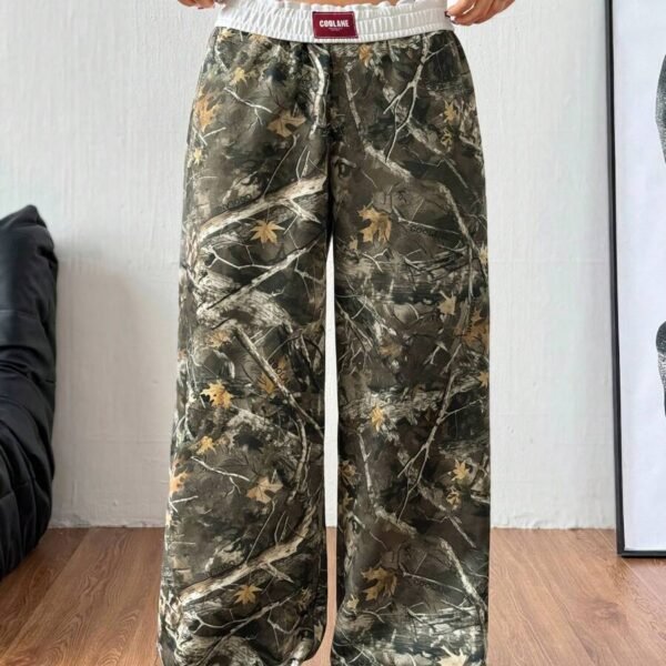 Elorivane Women Olive Green Plaid Cargo Pants, Wide Leg Fold Waist Y2K Hip Hop Trousers