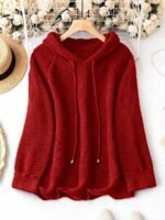 Elorivane Plus Size Sage Green Knitted Hoodie Raglan Sleeve Drawstring Cuffs Minimalist Pullover Sweater for Fall Winter Vacation Smart Casual Wear - Image 11