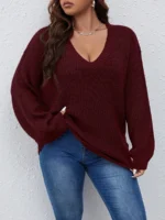 Elorivane Plus Size Solid Color Drop Shoulder Loose Knit Sweater for Autumn Winter - Image 8