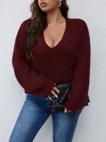 Elorivane Plus Size Solid Color Drop Shoulder Loose Knit Sweater for Autumn Winter - Image 12