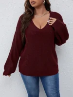 Elorivane Plus Size Solid Color Drop Shoulder Loose Knit Sweater for Autumn Winter - Image 13