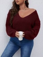 Elorivane Plus Size Solid Color Drop Shoulder Loose Knit Sweater for Autumn Winter - Image 14