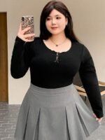 Elorivane Plus Size Round Neck T-Shirt, Bow Decor Slim Fit Long Sleeve Spring Summer Fall Top - Image 9