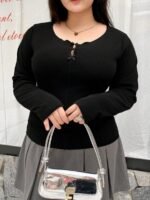 Elorivane Plus Size Round Neck T-Shirt, Bow Decor Slim Fit Long Sleeve Spring Summer Fall Top - Image 3