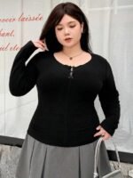 Elorivane Plus Size Round Neck T-Shirt, Bow Decor Slim Fit Long Sleeve Spring Summer Fall Top - Image 4