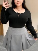 Elorivane Plus Size Round Neck T-Shirt, Bow Decor Slim Fit Long Sleeve Spring Summer Fall Top - Image 5