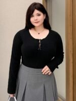 Elorivane Plus Size Round Neck T-Shirt, Bow Decor Slim Fit Long Sleeve Spring Summer Fall Top - Image 6