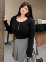 Elorivane Plus Size Round Neck T-Shirt, Bow Decor Slim Fit Long Sleeve Spring Summer Fall Top - Image 7