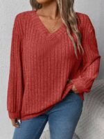 Elorivane Plus Size Loose V-Neck Wide Ribbed Pullover Sweatshirt for Autumn Winter Back To School Graduation Teacher Casual Wear - Image 12