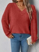 Elorivane Plus Size Loose V-Neck Wide Ribbed Pullover Sweatshirt for Autumn Winter Back To School Graduation Teacher Casual Wear - Image 14