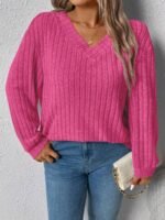 Elorivane Plus Size Loose V-Neck Wide Ribbed Pullover Sweatshirt for Autumn Winter Back To School Graduation Teacher Casual Wear - Image 19