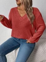 Elorivane Plus Size Loose V-Neck Wide Ribbed Pullover Sweatshirt for Autumn Winter Back To School Graduation Teacher Casual Wear - Image 16