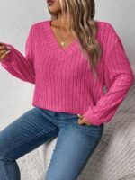 Elorivane Plus Size Loose V-Neck Wide Ribbed Pullover Sweatshirt for Autumn Winter Back To School Graduation Teacher Casual Wear - Image 21