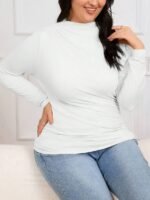 Elorivane Plus Size Mock Neck Ruched Slim Fit Tee, Fall Casual Top - Image 15