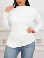 Elorivane Plus Size Mock Neck Ruched Slim Fit Tee, Fall Casual Top - Image 17