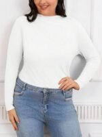 Elorivane Plus Size Mock Neck Ruched Slim Fit Tee, Fall Casual Top - Image 18