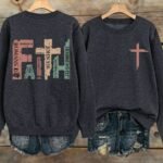 Elorivane Plus Size Faith Slogan Letter Graphic Crew Neck Long Sleeve Sweatshirt for Autumn Winter