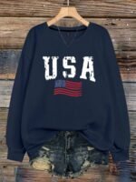 Elorivane Plus Size Navy American Flag Lettering Thermal Sweatshirt, Crew Neck Long Sleeve Pullover, Fall Winter Casual Top - Image 6