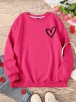 Elorivane Plus Size Sage Green Heart Graphic Crew Neck Pullover Sweatshirt for Fall Winter Teacher Graduation Smart Casual Outfits