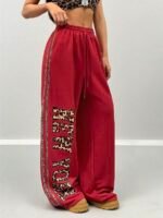 Elorivane Women Red Leopard Straight Pants, Baggy Athleisure Back-To-School Trousers - Image 3