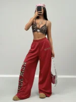 Elorivane Women Red Leopard Straight Pants, Baggy Athleisure Back-To-School Trousers - Image 5