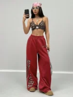 Elorivane Women Red Leopard Straight Pants, Baggy Athleisure Back-To-School Trousers - Image 2