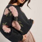 Elorivane Women Floral Jacquard Knit Sweater, Boatneck Long Sleeve Western Cowgirl Fall Winter Rodeo Top