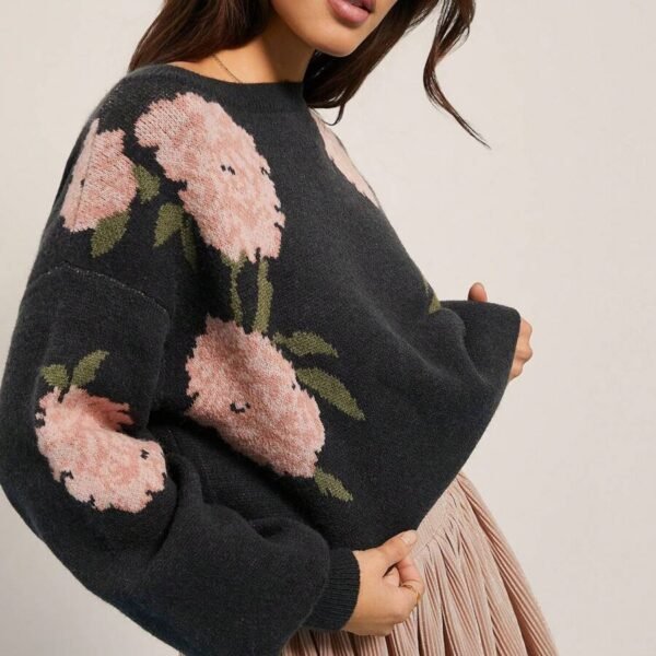 Elorivane Women Floral Jacquard Knit Sweater, Boatneck Long Sleeve Western Cowgirl Fall Winter Rodeo Top