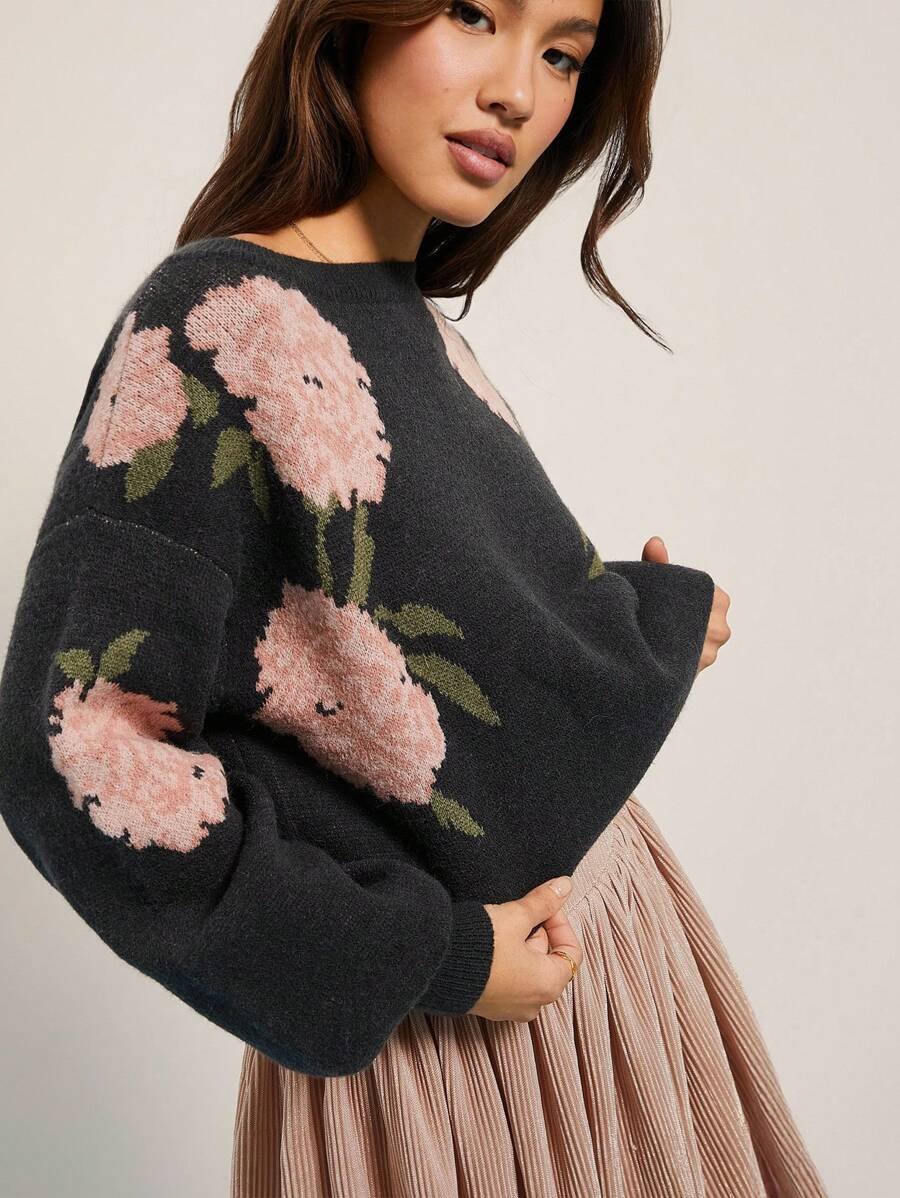 17327512875f4fbafbc0657fb1e7866ef9efee4286_thumbnail_900x Elorivane Women Floral Jacquard Knit Sweater, Boatneck Long Sleeve Western Cowgirl Fall Winter Rodeo Top - Image 1