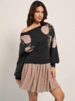 Elorivane Women Floral Jacquard Knit Sweater, Boatneck Long Sleeve Western Cowgirl Fall Winter Rodeo Top - Image 2